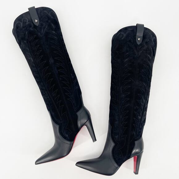 Christian Louboutin Black Leather Suede Santia Botta 85 Knee High Boot EU 36.5 - Picture 5 of 13